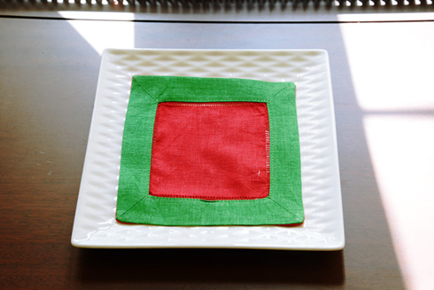 Multicolor Hemstitch Cocktail Napkin 6"; Red & Kelly Green